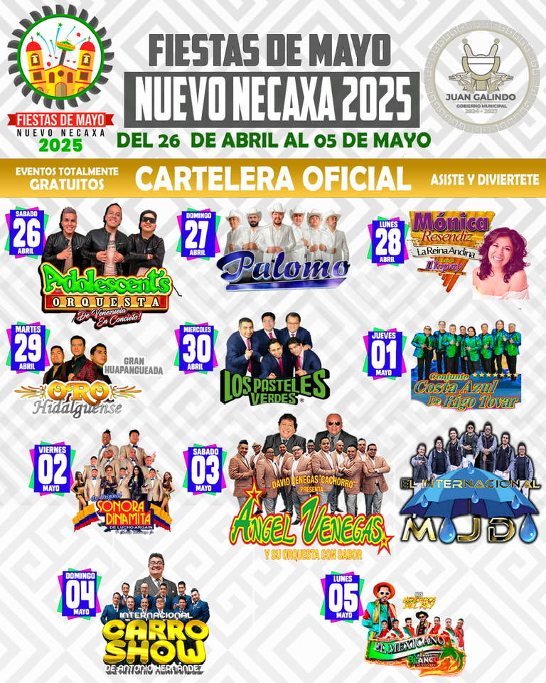 Cartelera artística Fiestas de Mayo Nuevo Necaxa 2025