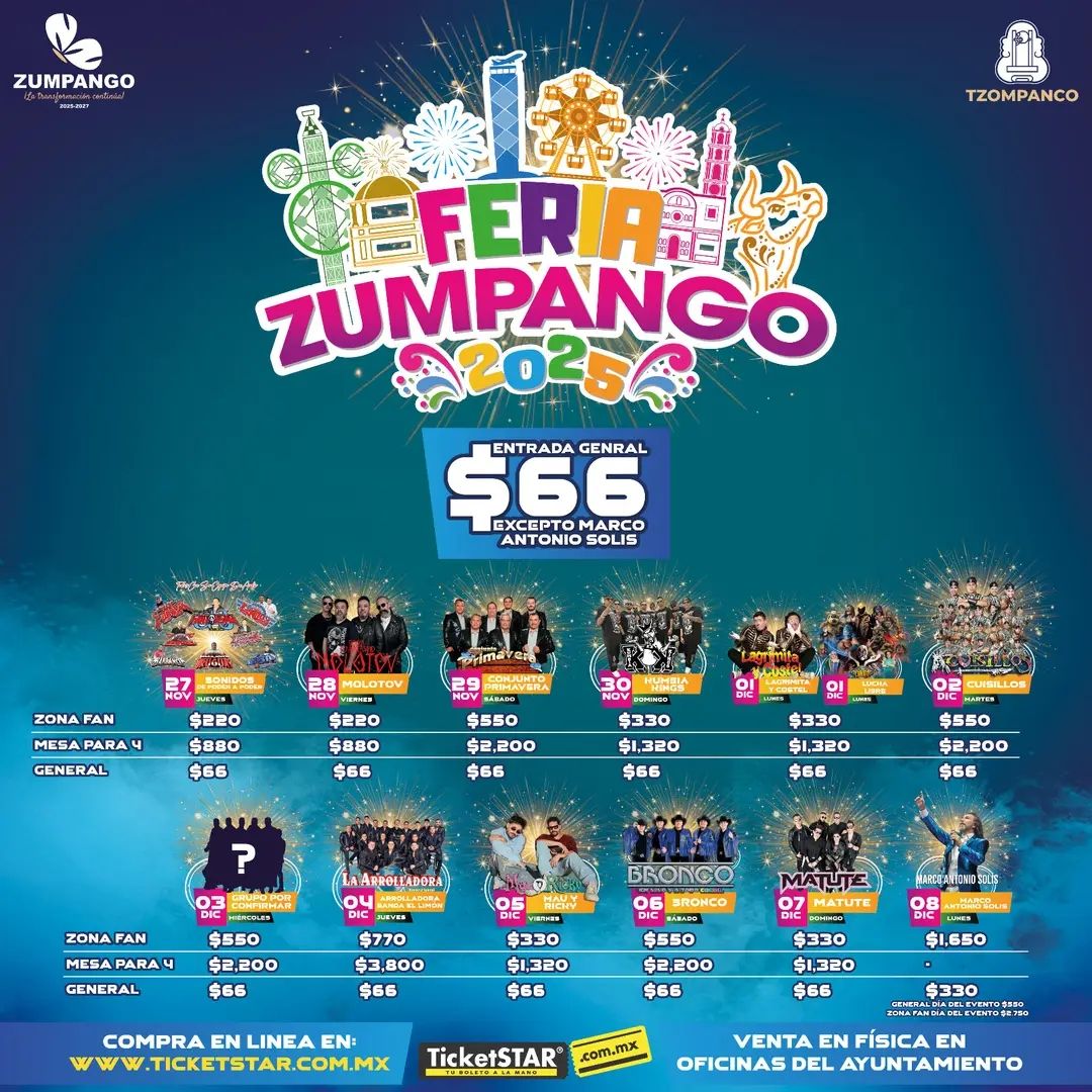 Precios para Zona Fan, Mesa 4 personas y Zona General