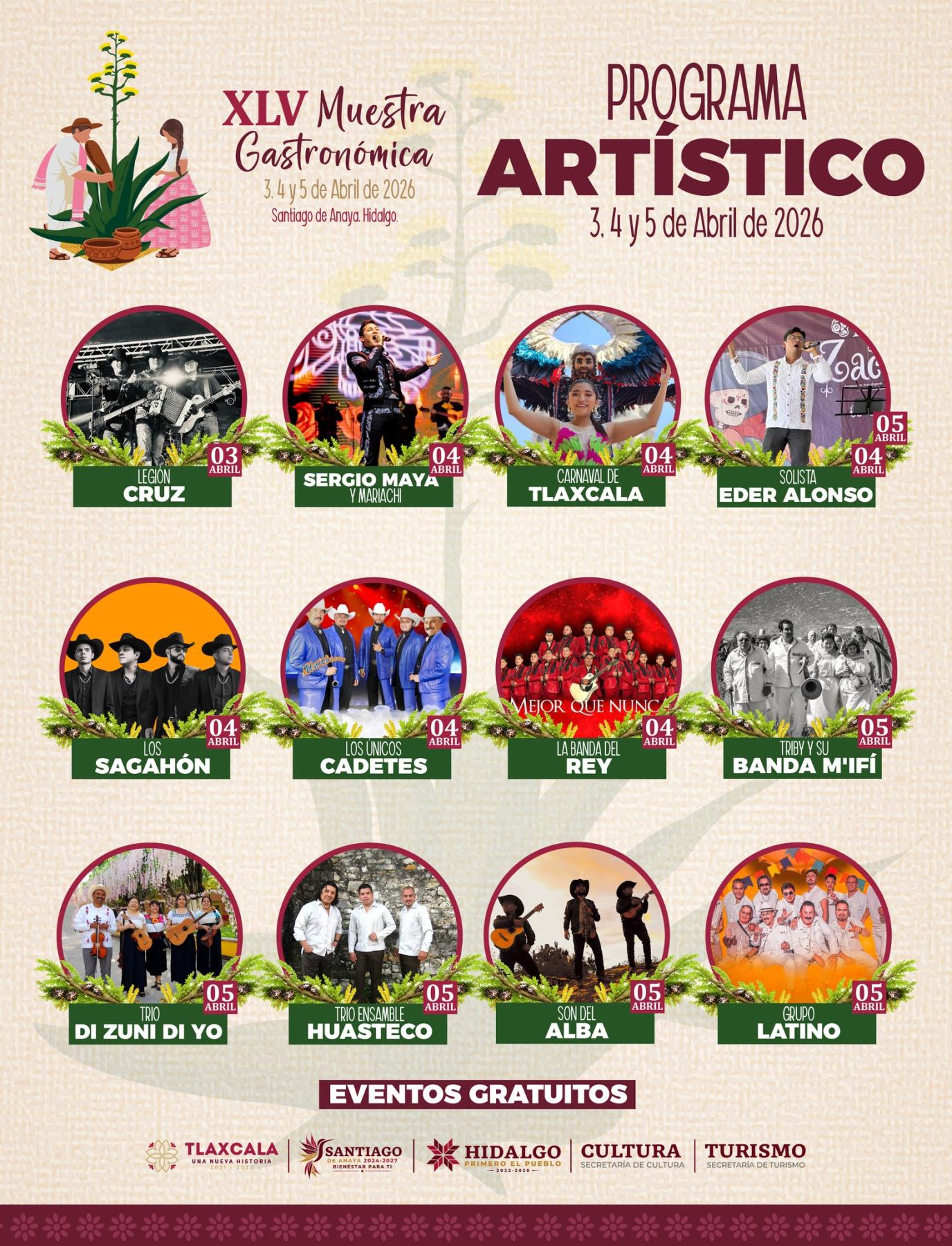 Cartelera artística 45ª Muestra Gastronómica Santiago de Anaya 2026