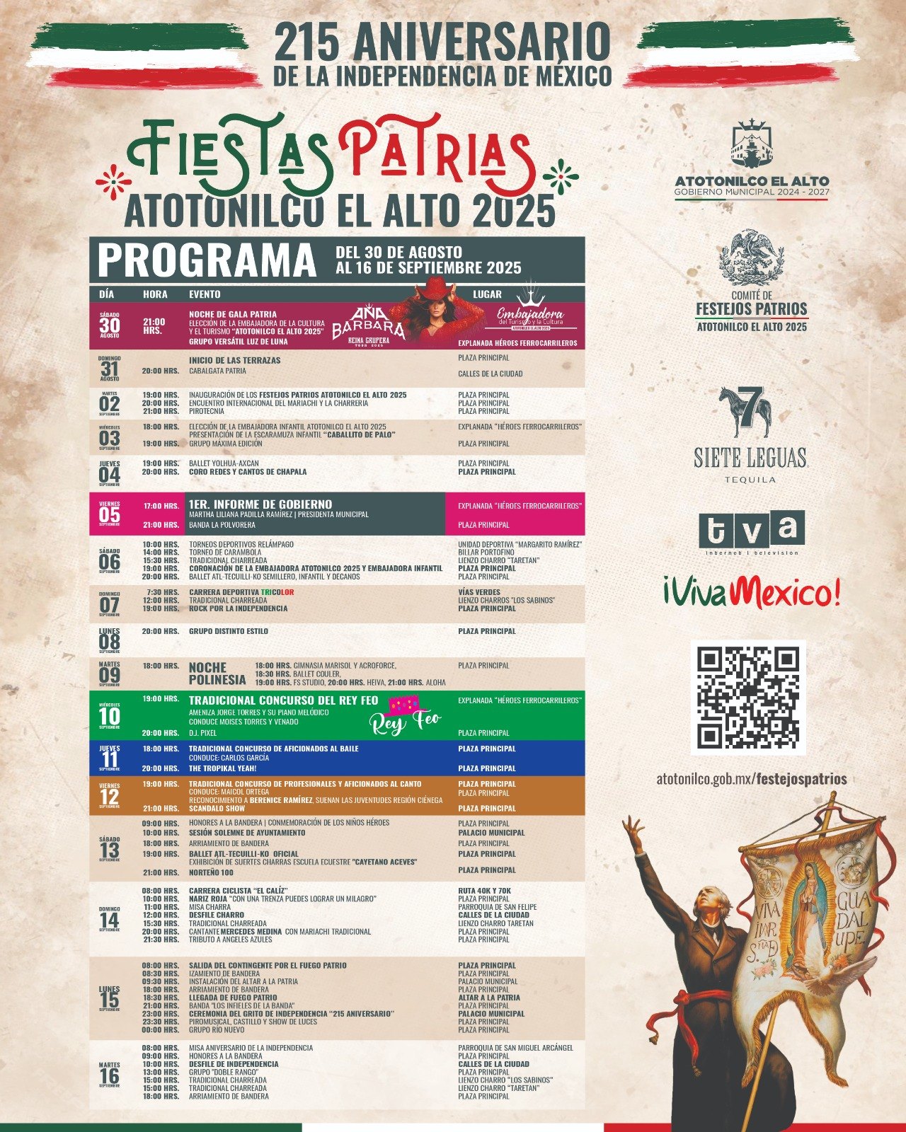 Programa completo de las Fiestas Patrias Atotonilco El Alto 2025: