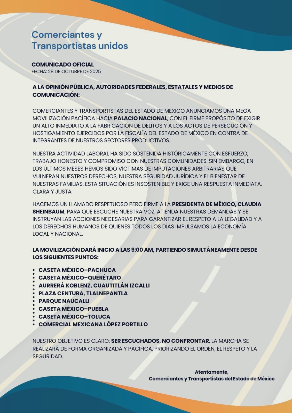 Comerciantes y Transportistas del Estado de México anuncian mega marcha pacífica hacia Palacio Nacional