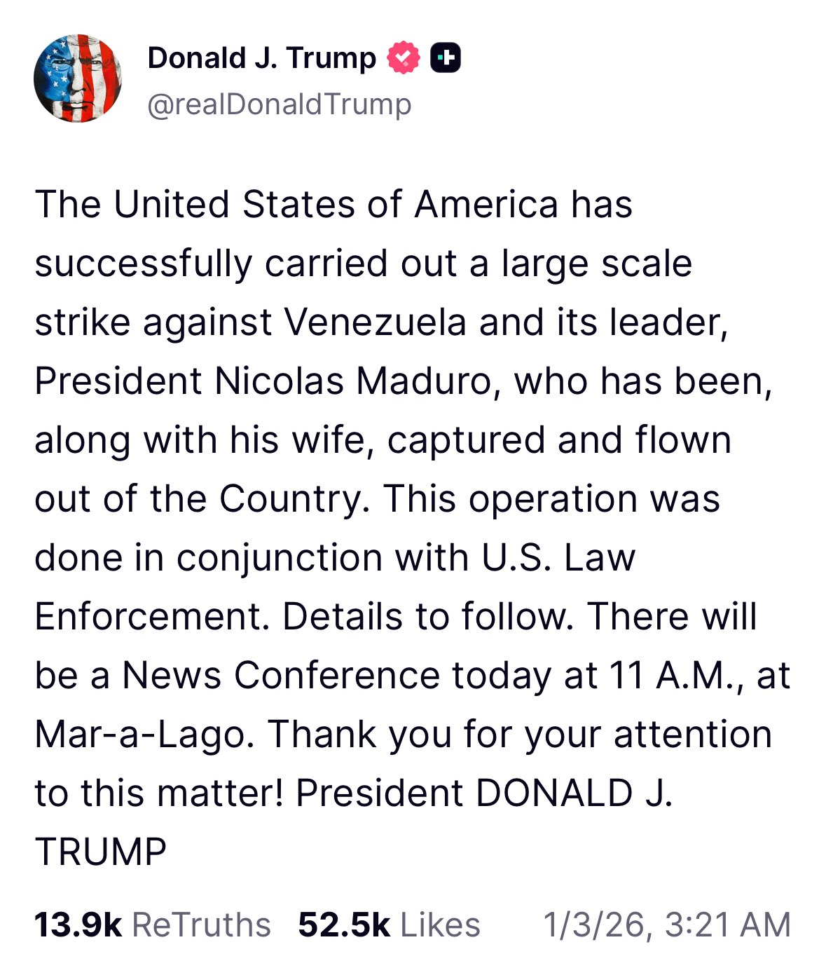 Comunicado de Donald Trump sobre la detención de Nicolás Maduro 