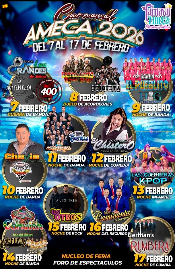 Cartelera de actividades y desfiles para el Carnaval Ameca 2026