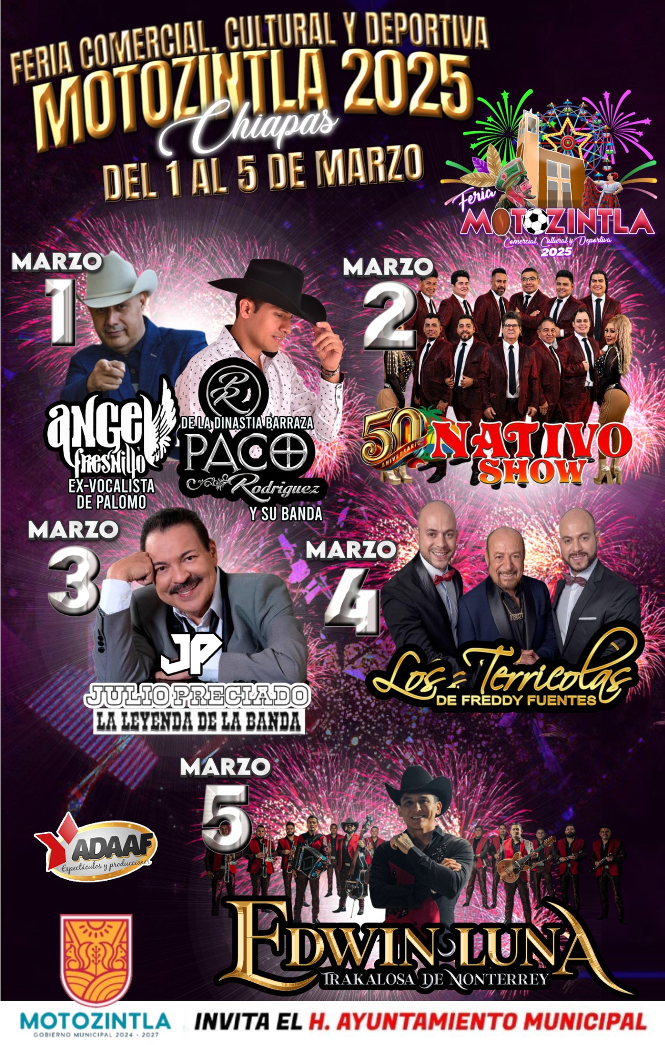 Feria Motozintla 2025: Cultura, Música y Diversión en Chiapas La Feria Motozintla 2025 es uno de los eventos más esperados del año en el estado de Chiapas. Con una mezcla perfecta de cultura, entretenimiento y actividades deportivas, esta feria reúne a miles de visitantes que buscan disfrutar de espectáculos de primer nivel, gastronomía tradicional y un ambiente inigualable.  Motozintla, una ciudad conocida por su riqueza cultural y su gente hospitalaria, se viste de fiesta del 1 al 5 de marzo para ofrecer a locales y turistas una experiencia inolvidable. La Feria Motozintla 2025 se consolida como un punto de encuentro para la música regional mexicana, la convivencia familiar y la expresión artística de la región.  Espectáculos y Cartelera de la Feria Motozintla 2025 Este año, la Feria Motozintla 2025 contará con la participación de artistas de renombre en la escena musical. Cada día del evento traerá consigo presentaciones de distintos géneros, desde banda hasta música romántica, garantizando que haya algo para todos los gustos.  Los asistentes podrán disfrutar de conciertos gratuitos, juegos mecánicos, exposiciones culturales y comerciales, además de la exquisita gastronomía local, con platillos típicos de Chiapas que deleitarán a todos.  A continuación, presentamos la cartelera oficial de la Feria Motozintla 2025:  Cartelera Oficial 1 de marzo:  Ángel Fresnillo (Ex-vocalista de Palomo) Paco Rodríguez y su Banda (De la Dinastía Barraza) 2 de marzo:  50 Nativo Show 3 de marzo:  Julio Preciado (La Leyenda de la Banda) 4 de marzo:  Los Terrícolas de Freddy Fuentes 5 de marzo:  Edwin Luna y La Trakalosa de Monterrey Con este impresionante elenco, la Feria Motozintla 2025 promete ser una de las mejores ediciones de los últimos años. No te pierdas la oportunidad de disfrutar de la cultura, la música y la alegría que solo Motozintla sabe ofrecer. ¡Te esperamos del 1 al 5 de marzo para vivir una experiencia inolvidable!