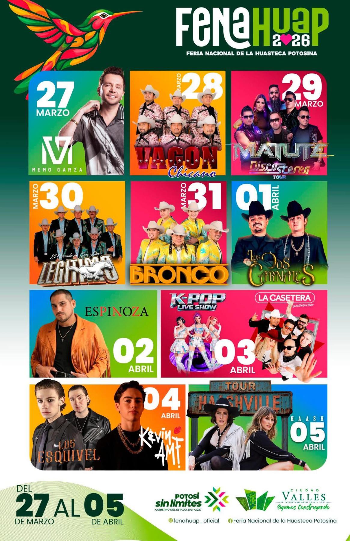 Cartelera artística Feria Nacional de la Huasteca Potosina 2026