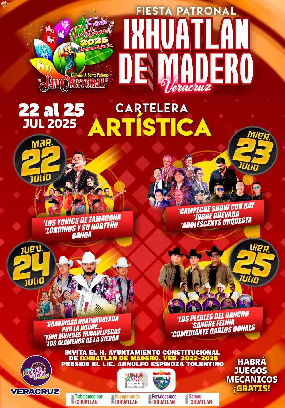 Cartelera artística - Fiesta Patronal Ixhuatlán de Madero 2025