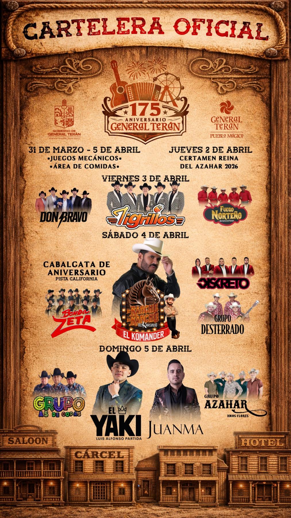Cartelera Artística Fiestas de Aniversario General Terán 2026