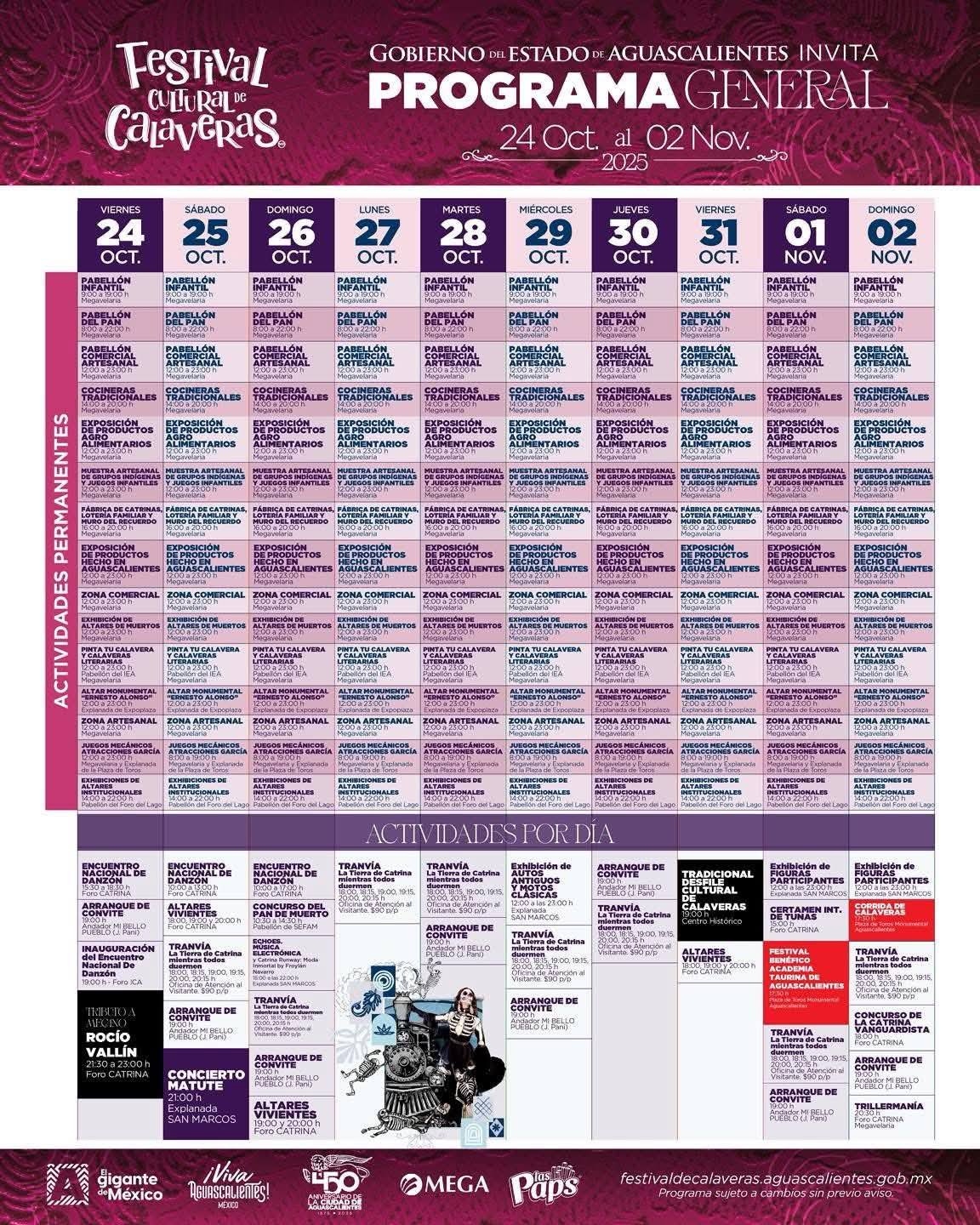 Programa general de actividades, Festival Cultural de Calaveras Aguascalientes 2025